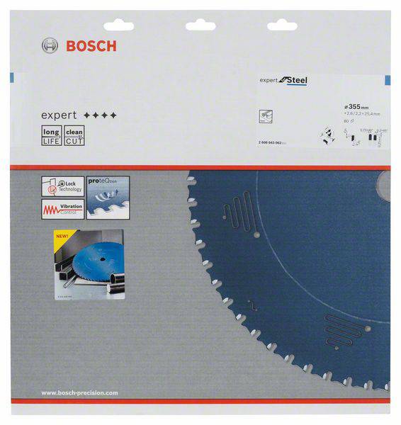 Obal na pilový kotouč Bosch 'expert' pro ocel, průměr 355 mm, zobrazující charakteristiky produktu a loga.
