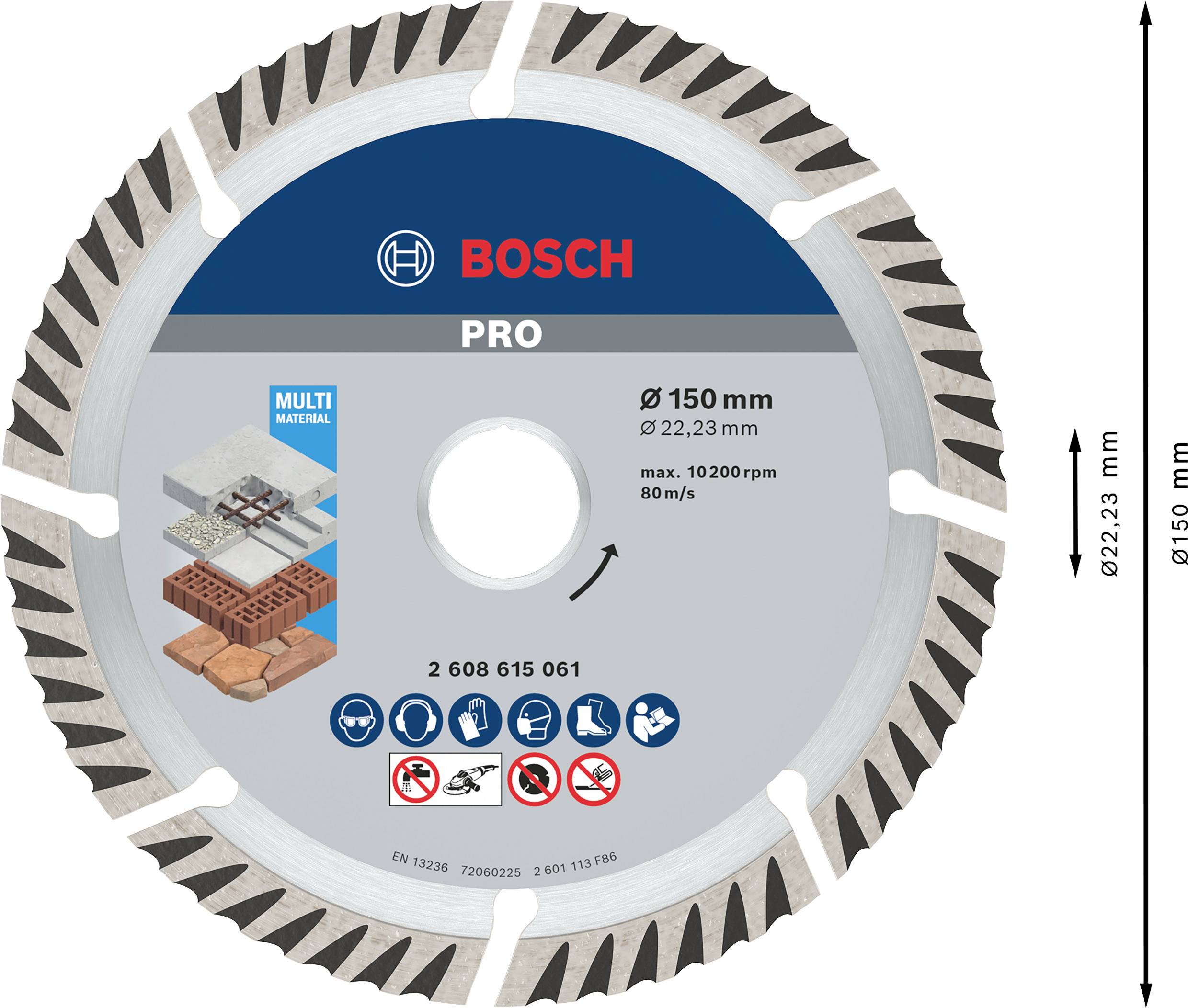Diamantový řezný kotouč Bosch Pro pro multimaterialy, průměr 150 mm, otvor 22,23 mm, max. 12.000 ot/min, 80 m/s.