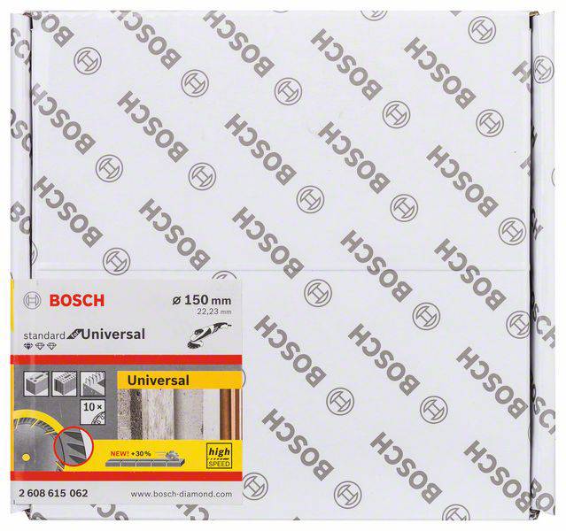 Řezný kotouč 'Bosch Standard Universal' o průměru 150 mm určený pro řezání betonu. Obal obsahuje produktové obrázky a detaily.