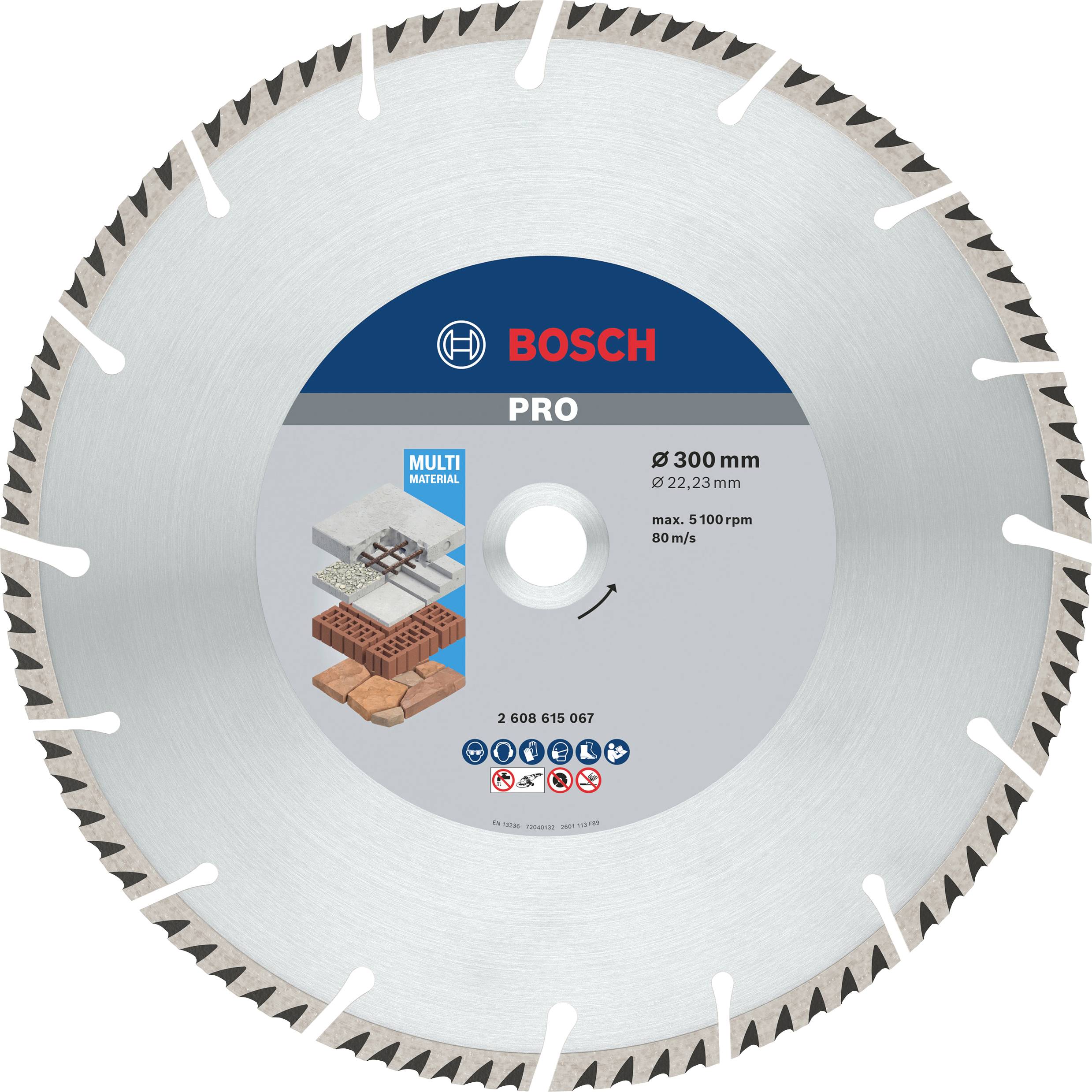 Diamantový pilový kotouč Bosch PRO, Ø 300 mm, vhodný pro stavební materiály jako jsou cihly a beton. Max. otáčky: 5100/min, 80 m/s.