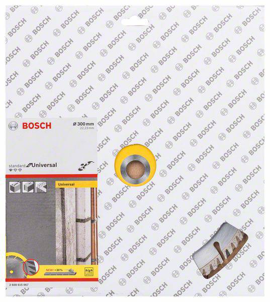 Obal pilového kotouče Bosch pro řezání betonu s ilustrací betonové stěny a logy. Model: Standard for Universal 300 mm.