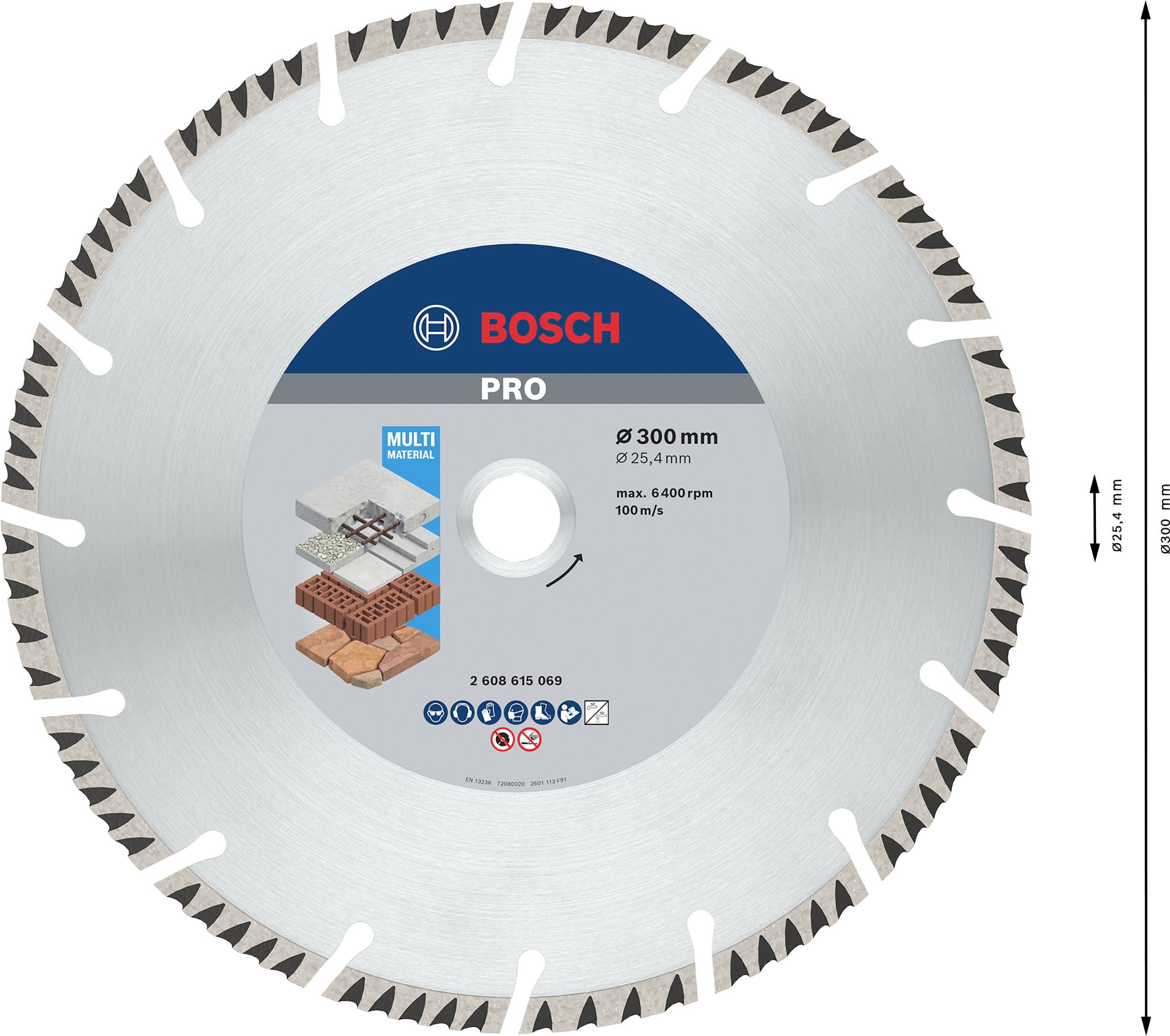 Bosch PRO řezný kotouč, Ø 300 mm, vhodný pro beton, zdivo, střešní tašky a žulu, otáčky 6400/min, Multi Material.