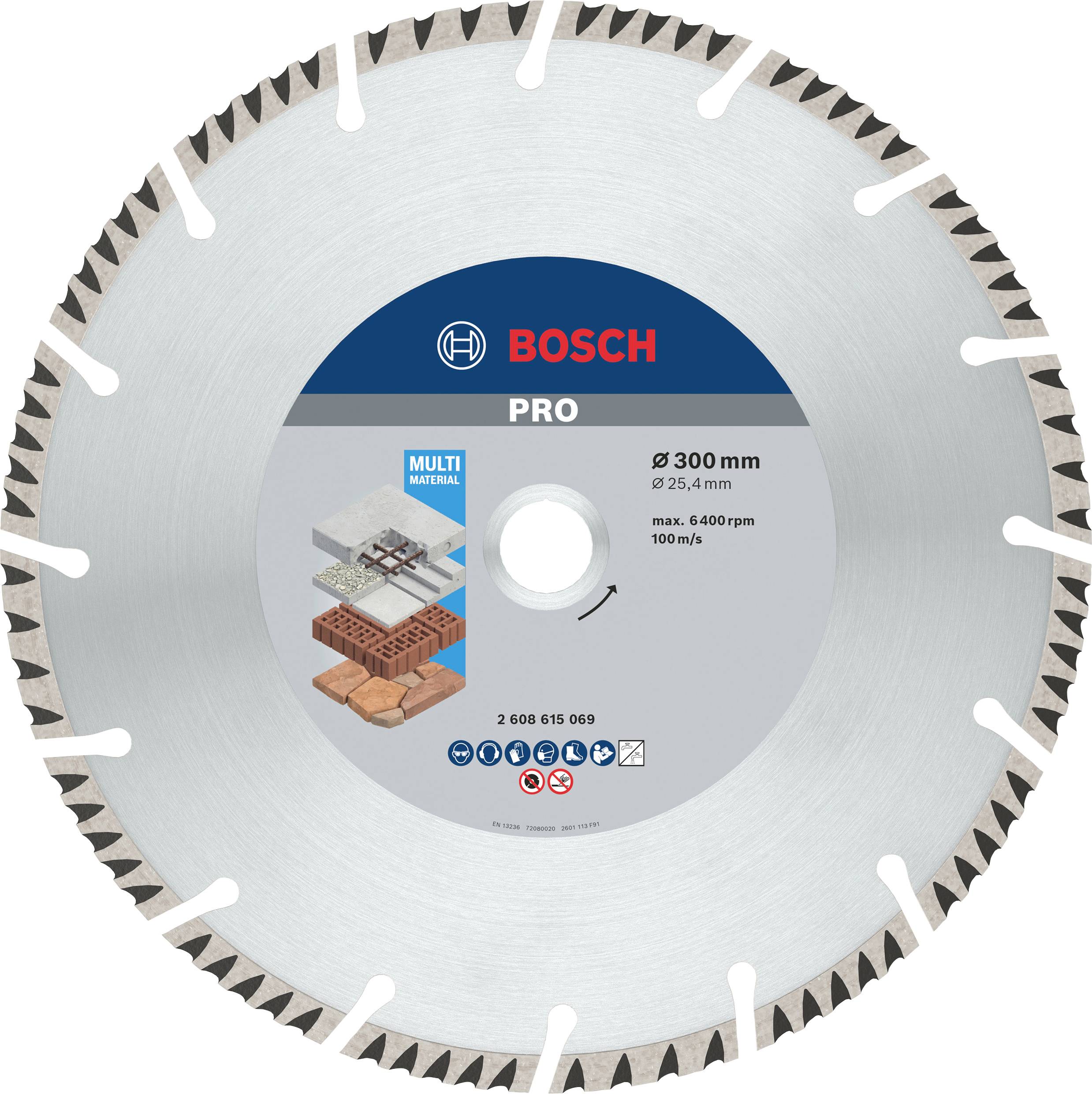 Kulatý řezný kotouč značky Bosch pro materiály jako beton a cihly, průměr 300 mm, max. 6400 ot./min, rychlost 100 m/s.