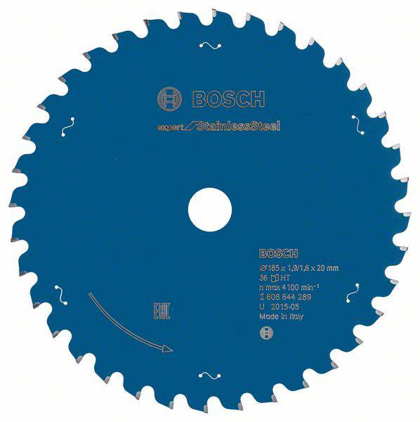 Pilový kotouč značky Bosch, speciálně určený pro nerezovou ocel, v modré barvě, s popisem včetně průměru (Ø 165 mm) a označením Made in Italy.