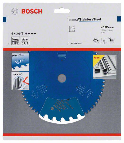 Balení modré pilové kotouče Bosch, vhodné pro nerezovou ocel. Popisy: 'dlouhá životnost', 'čistý řez', průměr 185 mm.
