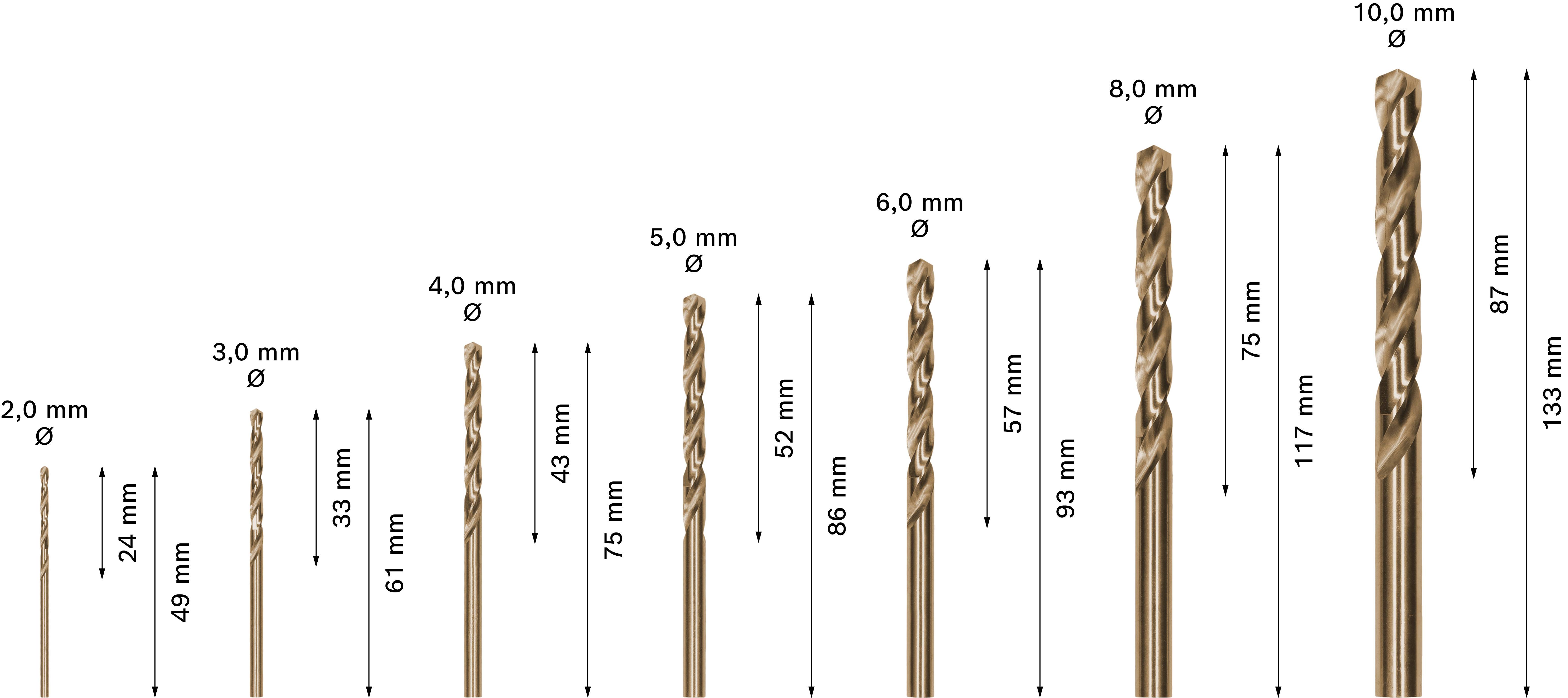 Obrázek ukazuje sadu vrtáků Metabo HSS ve vzestupných velikostech od průměru 2,0 mm do 10,0 mm s odpovídajícími délkami.