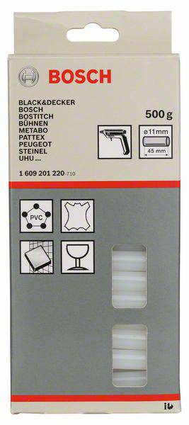 'Bosch tavné tyčinky 500 g, kompatibilní s mnoha značkami, průměr 11 mm, délka 45 mm, vhodné pro PVC, textilie, sklo a další.'