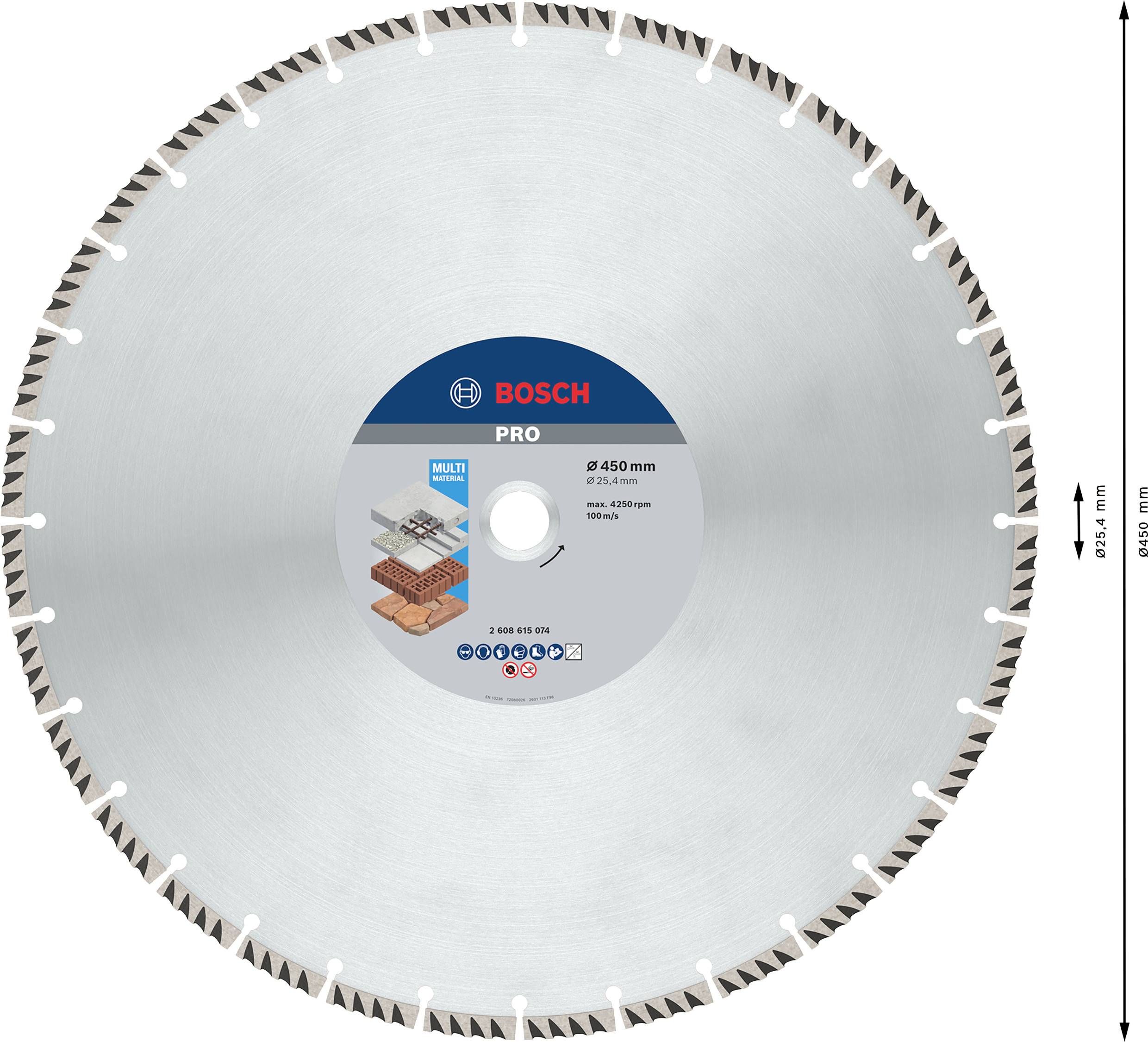 Diamantový řezný kotouč Bosch, 450 mm, pro suché i mokré řezání, vhodný pro různé materiály jako cihly a beton.