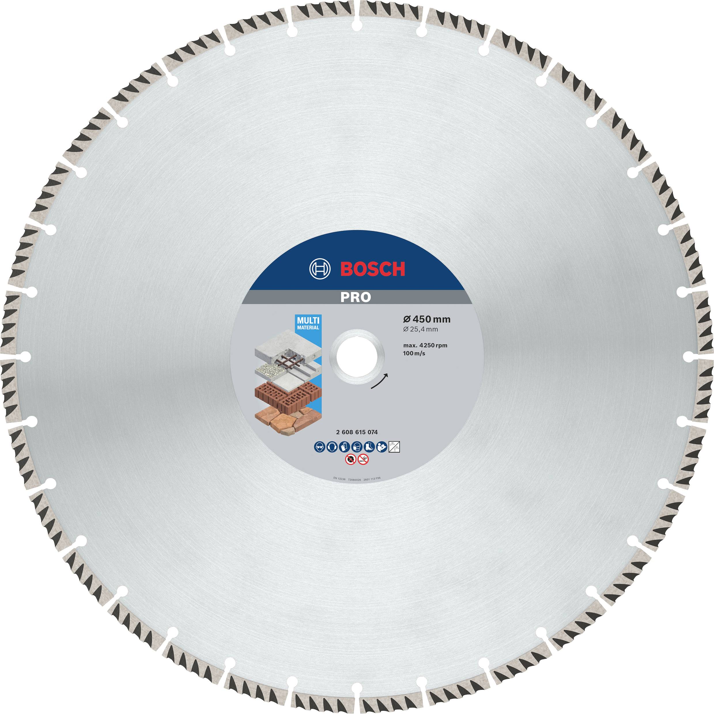 'BOSCH PRO' diamantový řezný kotouč, průměr 450 mm, vhodný pro beton, kámen a cihly, víceúčelový a turbosegmentový.