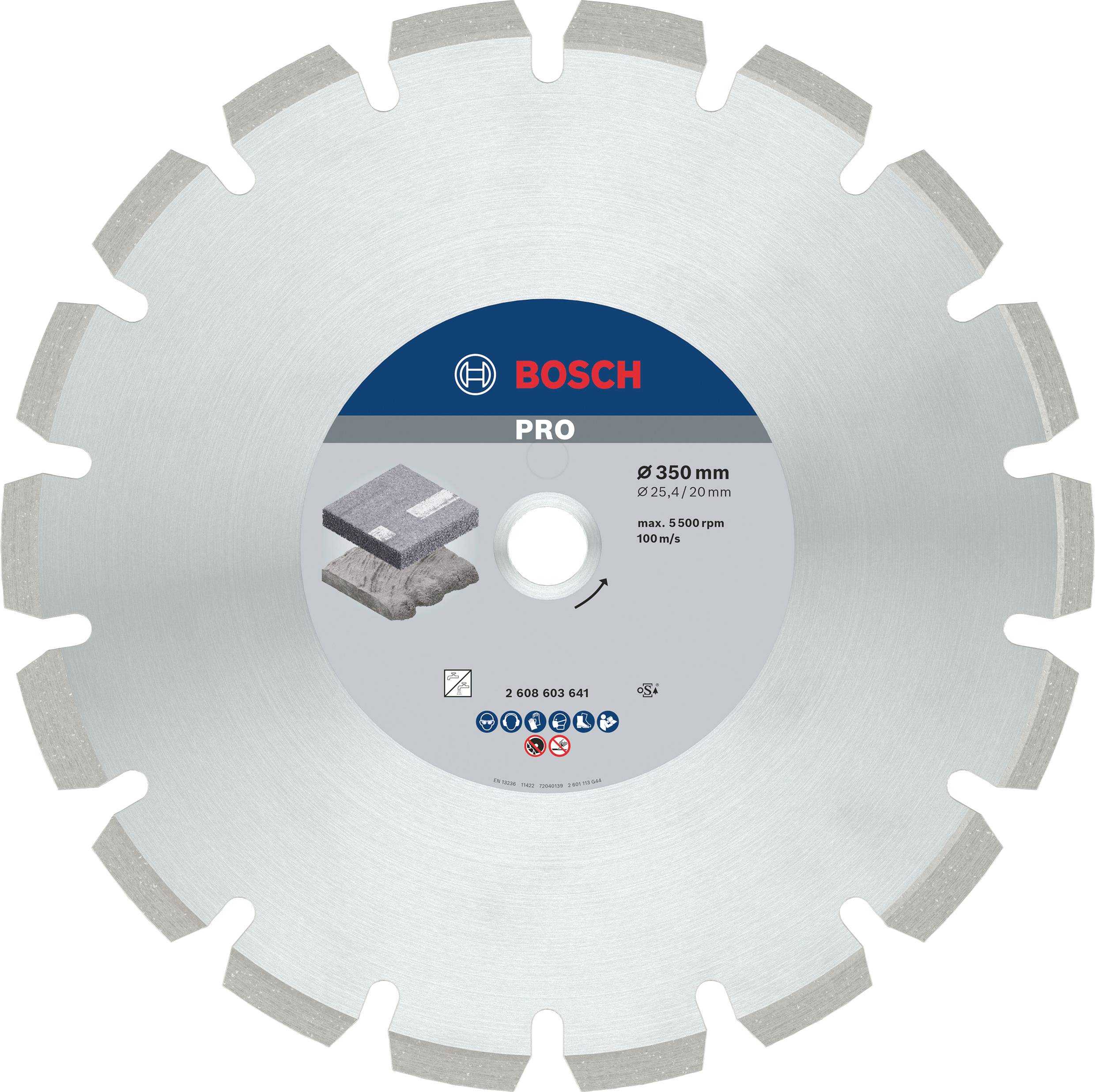 Diamantový řezný kotouč Bosch Pro, kruhového tvaru, o průměru 350 mm, určený pro řezání kamene, s maximálními otáčkami 5000 ot/min.