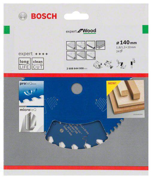 Obal pilového kotouče Bosch Expert Wood, průměr 140 mm, vhodný pro čisté řezy ve dřevě. Obsahuje vyobrazení kotouče a obrázky jeho použití.