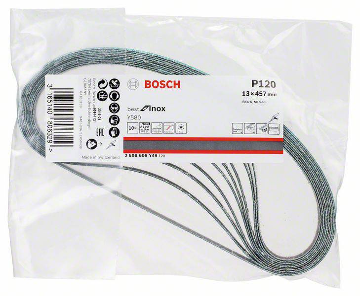 Zapečetěný obal brusného pásu Bosch, model P120, rozměry 13x457 mm. Produktové informace a symboly jsou viditelné.