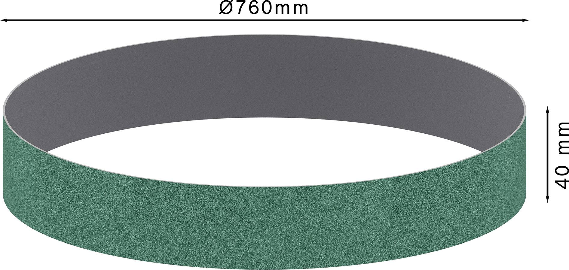 Brusný pás s průměrem 760 mm a šířkou 40 mm, zeleně zbarvený, zobrazený v izometrické projekci.