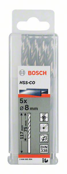 Sada vrtáků Bosch, materiál HSS-Co, pět kusů, průměr 8 mm, délka 117 mm, vhodné pro kovy, certifikováno dle DIN 338.