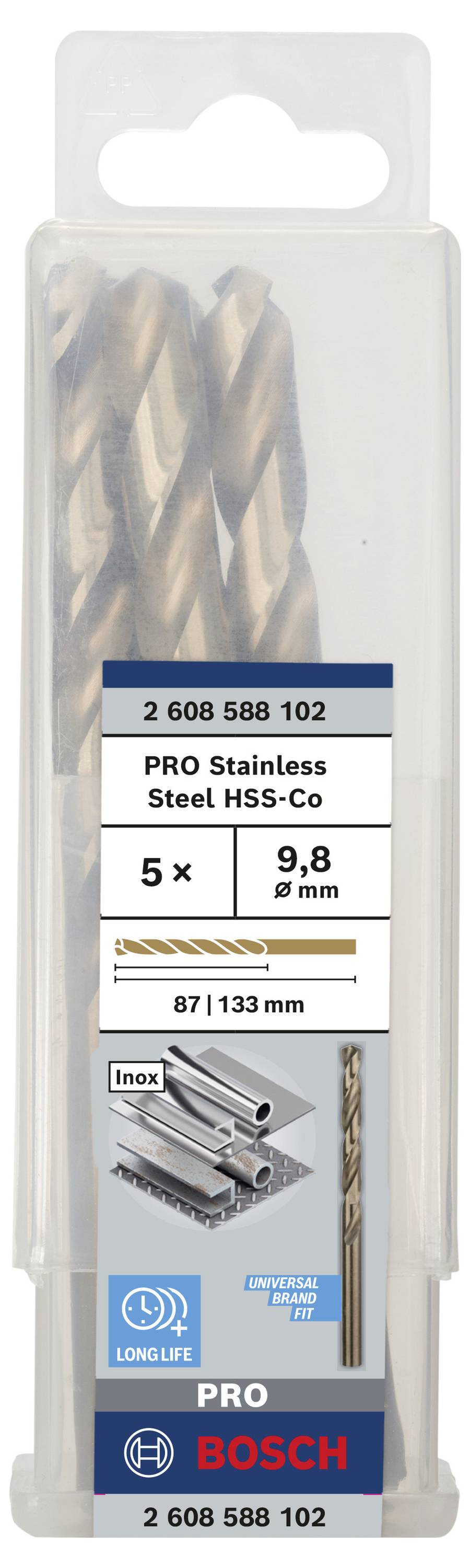 Sada vrtáků v balení, 5 kusů, velikost 9,8 mm. Značka Bosch, pro nerezovou ocel. Délka 87 mm, celková délka 133 mm.
