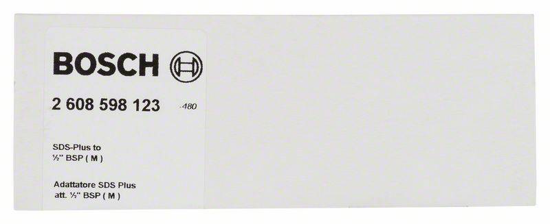 Bílý obal s potiskem: 'BOSCH', číslo produktu '2 608 598 123', s pokyny pro adaptér z SDS-Plus na 3/8 palcový BSP závit.