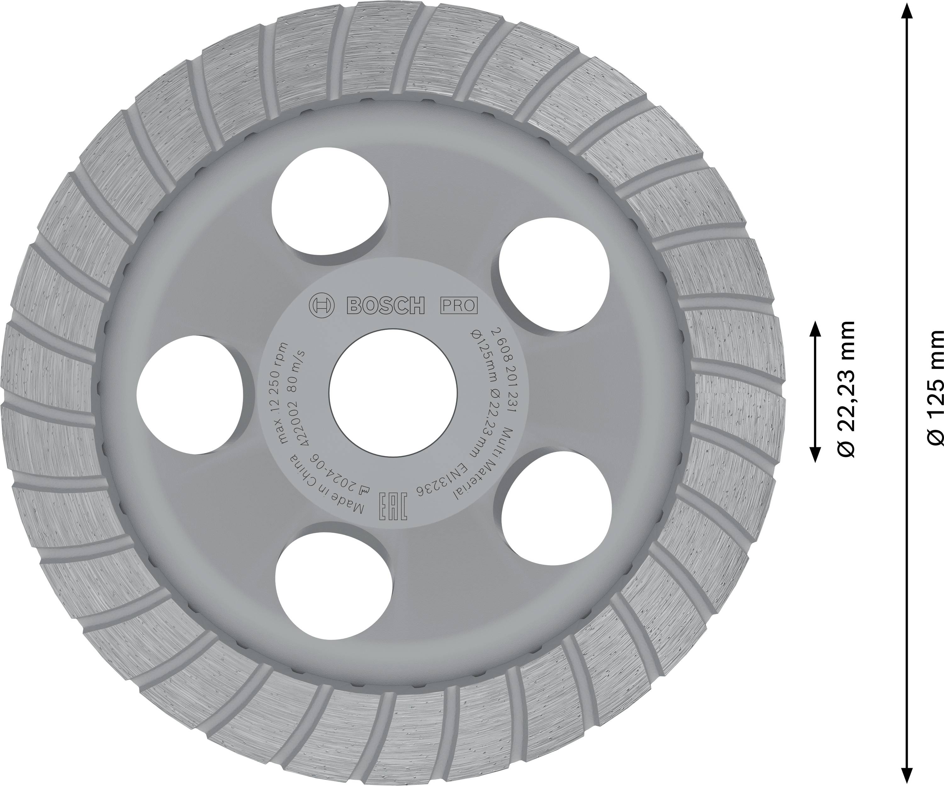Brusný kotouč 'Bosch PRO' s otvorem 22,23 mm a průměrem 125 mm, speciálně vhodný pro betonové a kamenné povrchy.