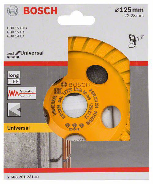 Bosch univerzální dělicí kotouč na kov, průměr 125 mm, otvor 22,23 mm. Vhodný pro kov, štítek pro kontrolu vibrací.