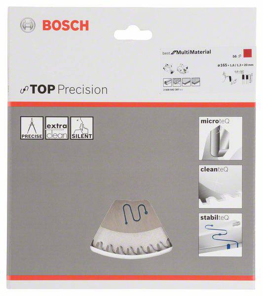 Balení pilového kotouče Bosch 'TOP Precision'. Vhodný pro víceúčelové materiály, přesné řezy, tichý a čistý.