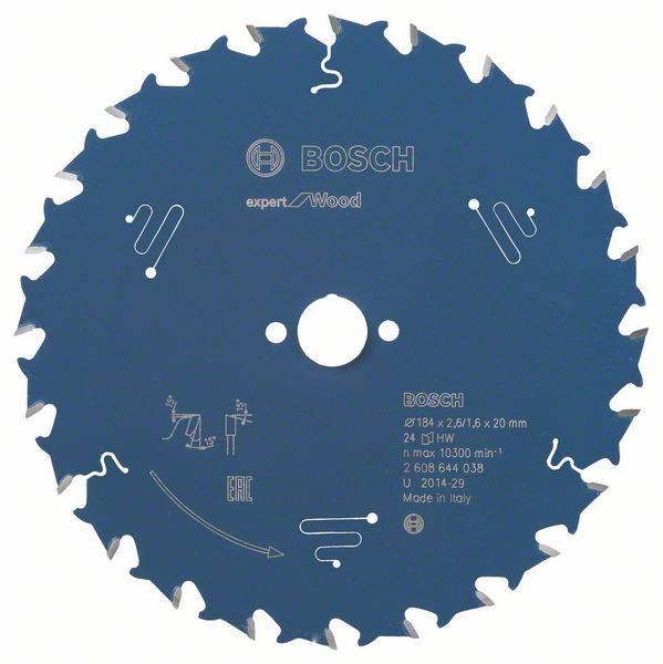 Pilový kotouč se 24 zuby pro dřevo, průměr 184 mm, vrtání 20 mm. Nápis 'Bosch expert for Wood', vyrobeno v Itálii.