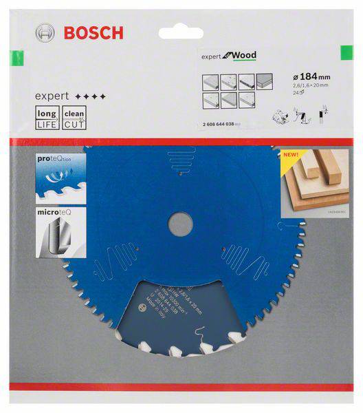 'Bosch pilový kotouč na dřevo, průměr 184 mm, řada Expert, vhodný pro čisté řezy a dlouhou životnost.'