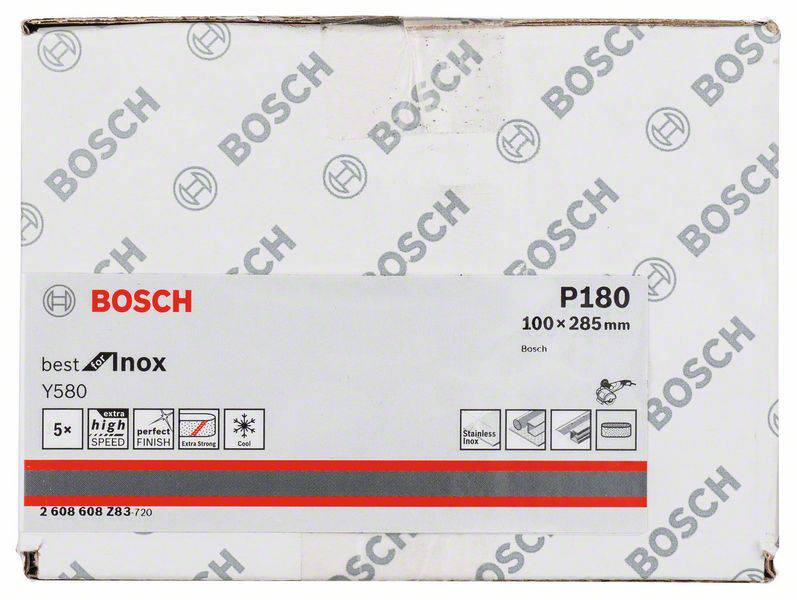 Balení brusného papíru Bosch, zrnitost P180, rozměry 100 x 285 mm, vhodné pro obrábění kovů, na bílém pozadí.