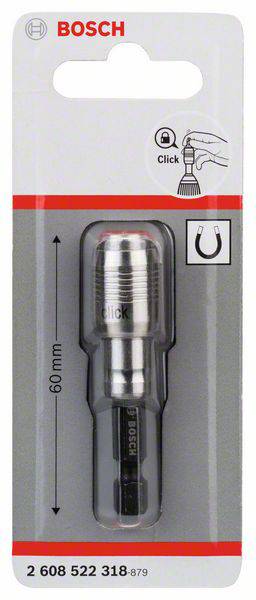 Náhradní adaptér pro nástroje, délka 60 mm. Balení s logem Bosch. Obrázek zobrazuje zajištění pomocí klipového mechanismu.