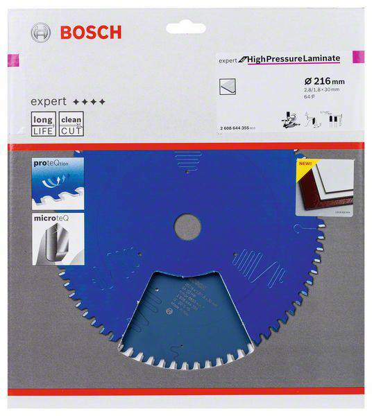 Pilový list Bosch pro vysokotlaký laminát, průměr 216 mm. Balení zdůrazňuje dlouhou životnost a čisté řezy.