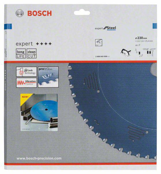 Obrázek ukazuje řezný kotouč Bosch 'expert Steel' o průměru 230 mm. Vhodný pro dlouhou životnost a čistý řez.