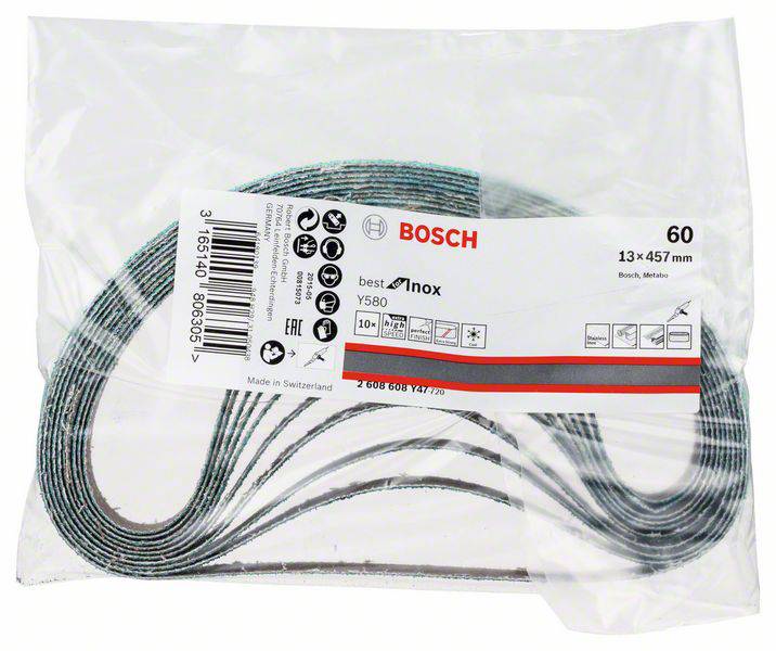 Balené sady brusných pásů značky Bosch, model 'Best for Inox', rozměry 13x457 mm, zrnitost 60, 10 kusů, vyrobeno ve Švýcarsku.