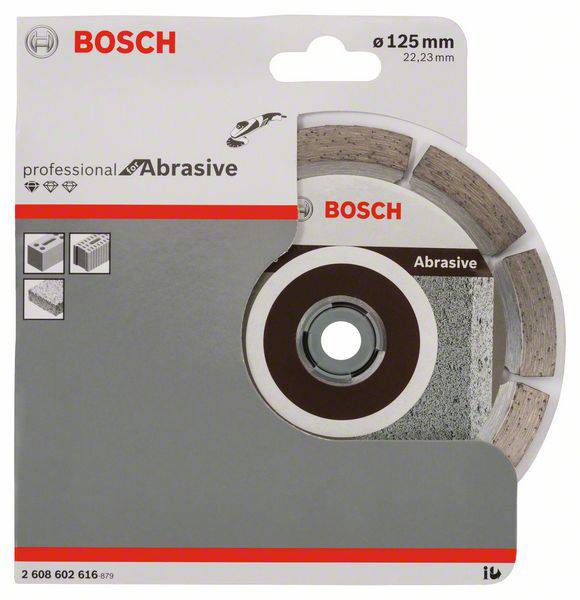 Diamantový řezací kotouč Bosch, Ø 125 mm, vhodný pro abrazivní materiály. Na obalu jsou zobrazeny aplikace: beton, cihly, kámen.