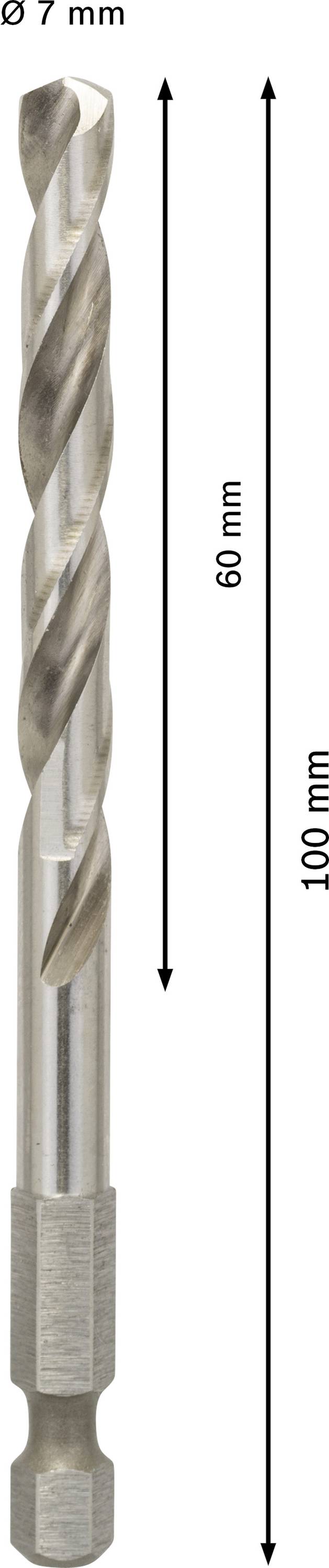 Vrták o průměru 7 mm, celková délka 100 mm, délka spirály 60 mm.