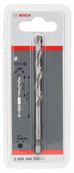 Kovový vrták Bosch v plastovém obalu, délka 100 mm, průměr 6,35 mm, vhodný pro přesné vrtání.