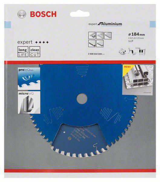 Modrý obal pilového listu Bosch pro hliník, průměr 184 mm. Důraz na dlouhou životnost a čistý řez.
