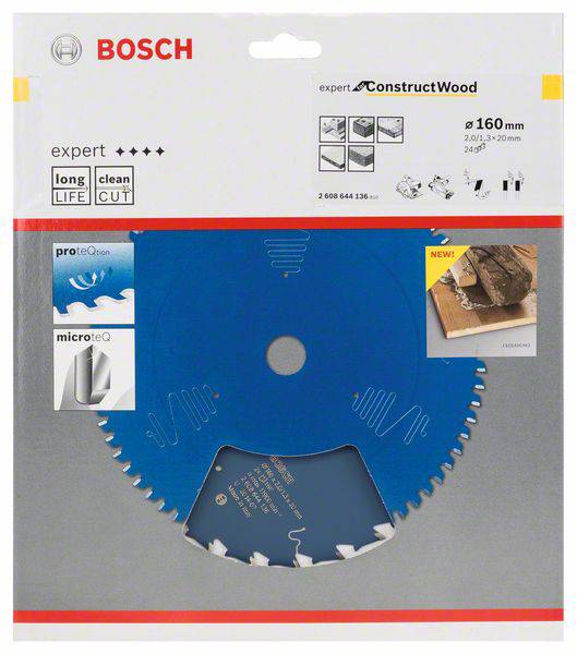 Pilový kotouč Bosch 'expert ConstructWood', průměr 160 mm, vhodný pro konstrukční dřevo; modrý povrch, balený v kartonu.