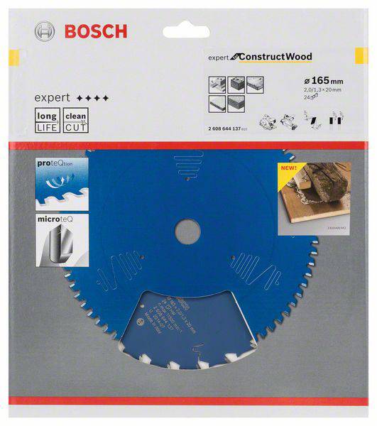 Kotoučový pilový list Bosch Expert na dřevo, průměr 165 mm, pro čisté řezy a dlouhou životnost. Obal zobrazuje pilový list a informační ikony.