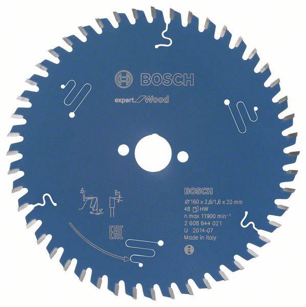 Pilový kotouč značky Bosch, speciálně určený pro dřevo. Průměr 160 mm, 48 zubů, maximální otáčky 11.000 ot/min.