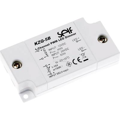 1-kanálový PWM LED stmívač, model KZQ-5B, pro 12-24V. Maximální vstupní výkon: 40W při 12V, 80W při 24V. Provozní rozsah: -20 až 35°C.