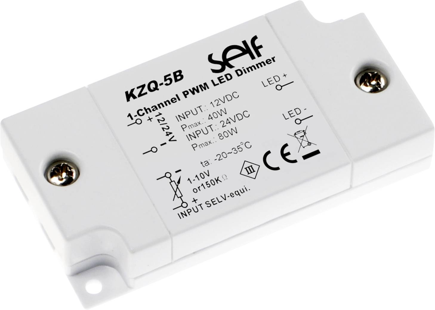 Bílý, obdélníkový 1-kanálový PWM LED stmívač s konektory, napájení 12-24V DC, max. 80W, vhodný pro teplotní rozsah -20 až 35°C.