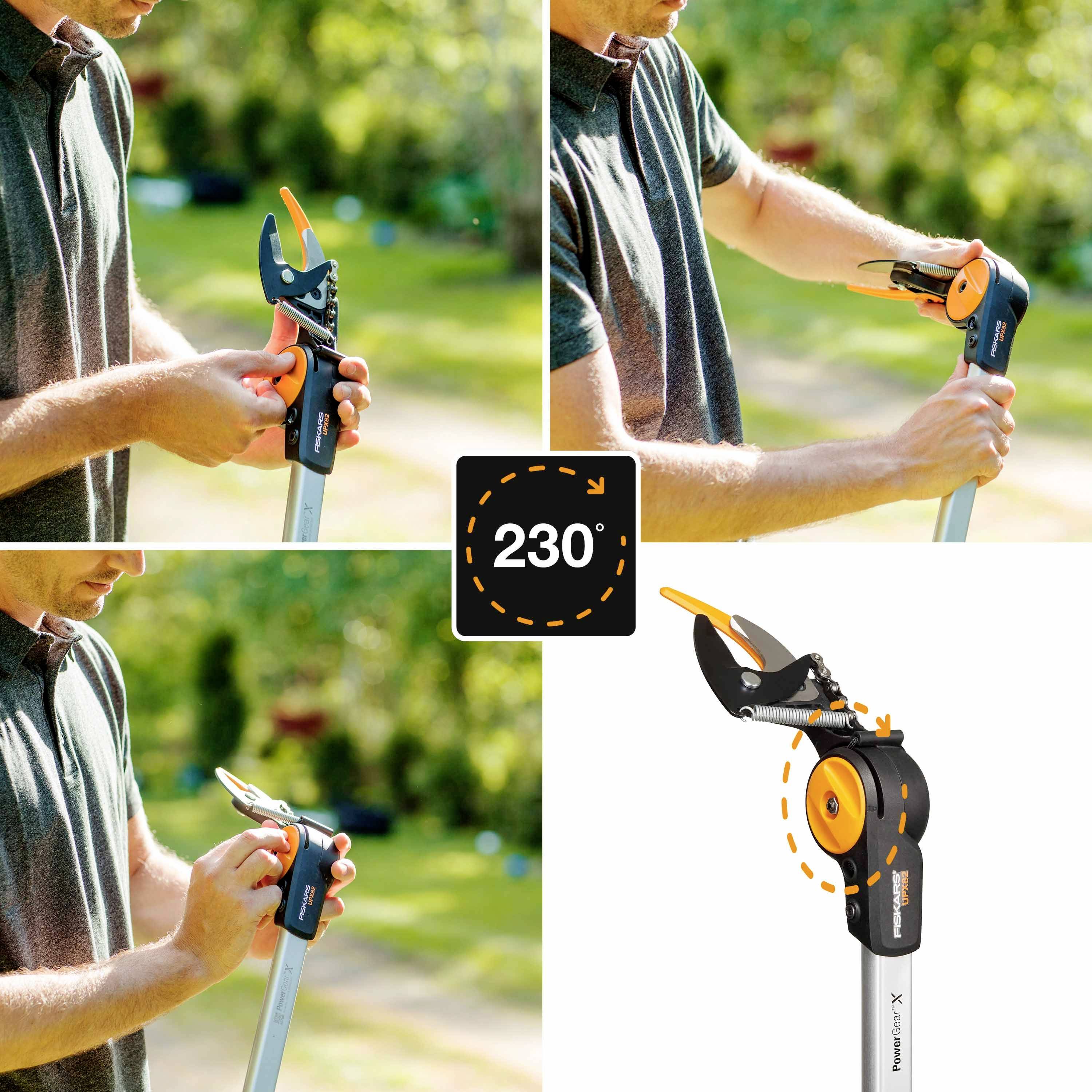 Zahradnické nůžky jsou nastaveny osobou do různých úhlů, aby předvedla flexibilní úhel řezu 230°.