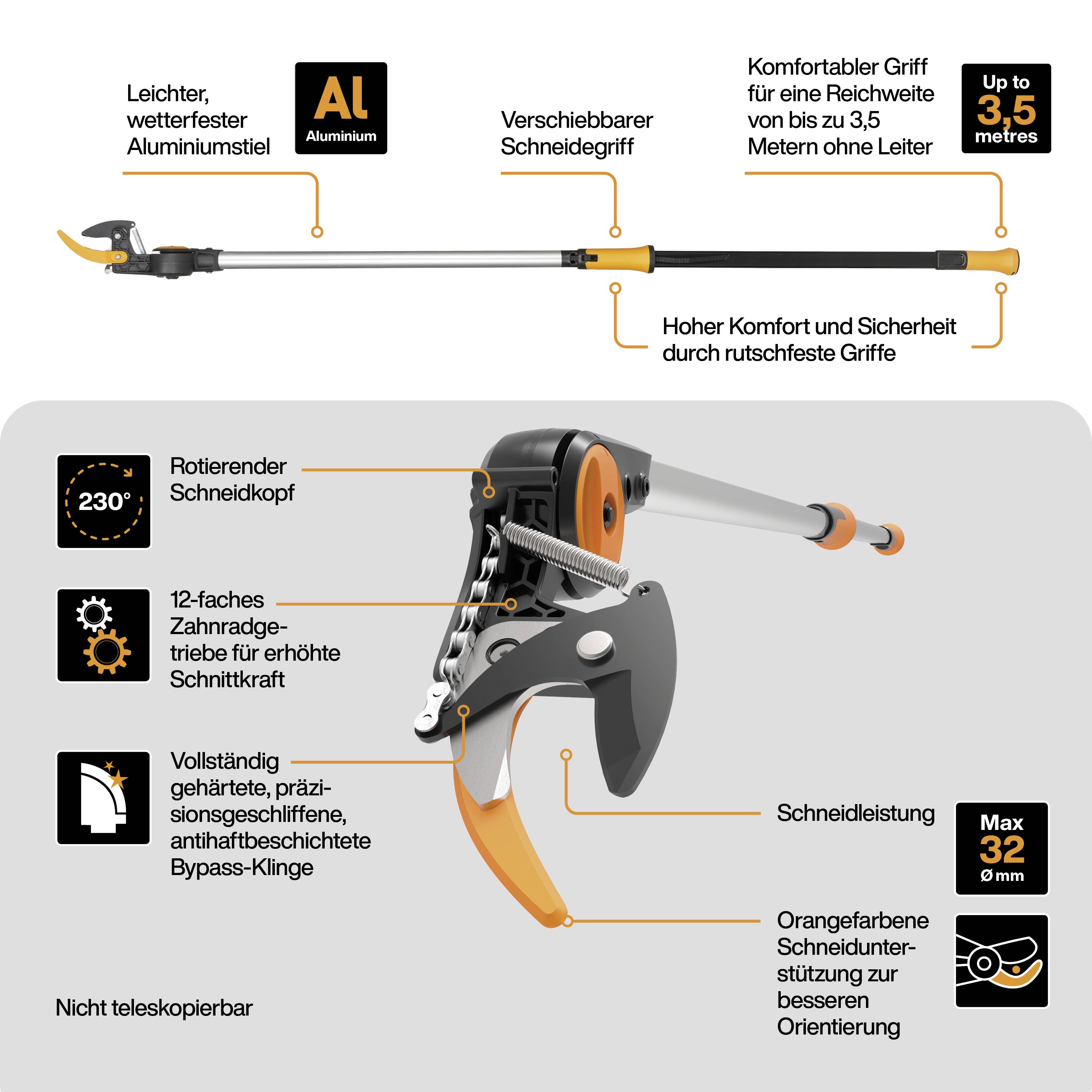 Charakteristické vlastnosti ergonomických zahradních nůžek: hliníková rukojeť, dosah až 3,5 m, otočná hlava, 12-stupňový převod, řezný výkon 32 mm.