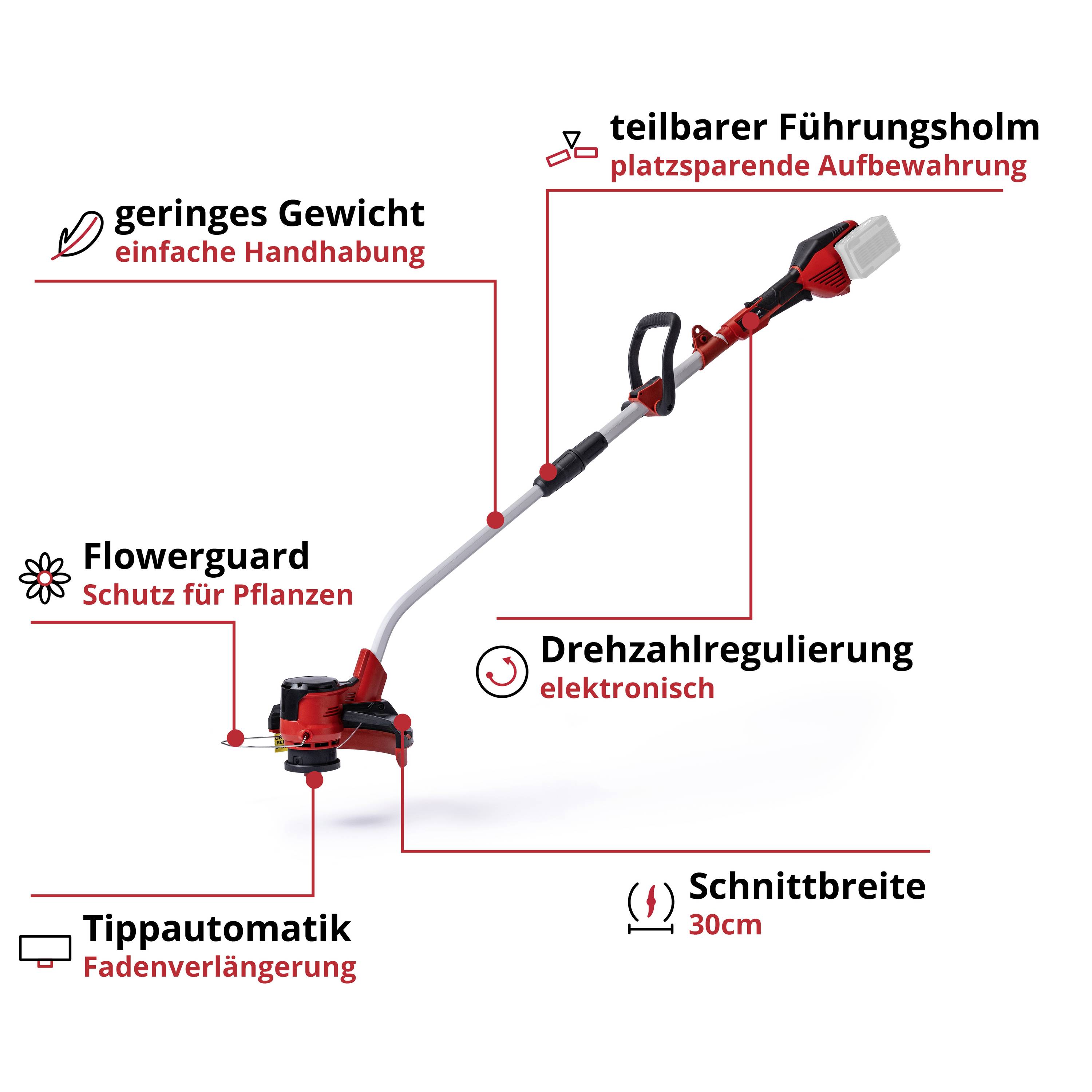 Akumulátorový vyžínač s dělitelnou řídící rukojetí a elektronickou regulací otáček, šířka záběru 30 cm, ochrana Flowerguard.
