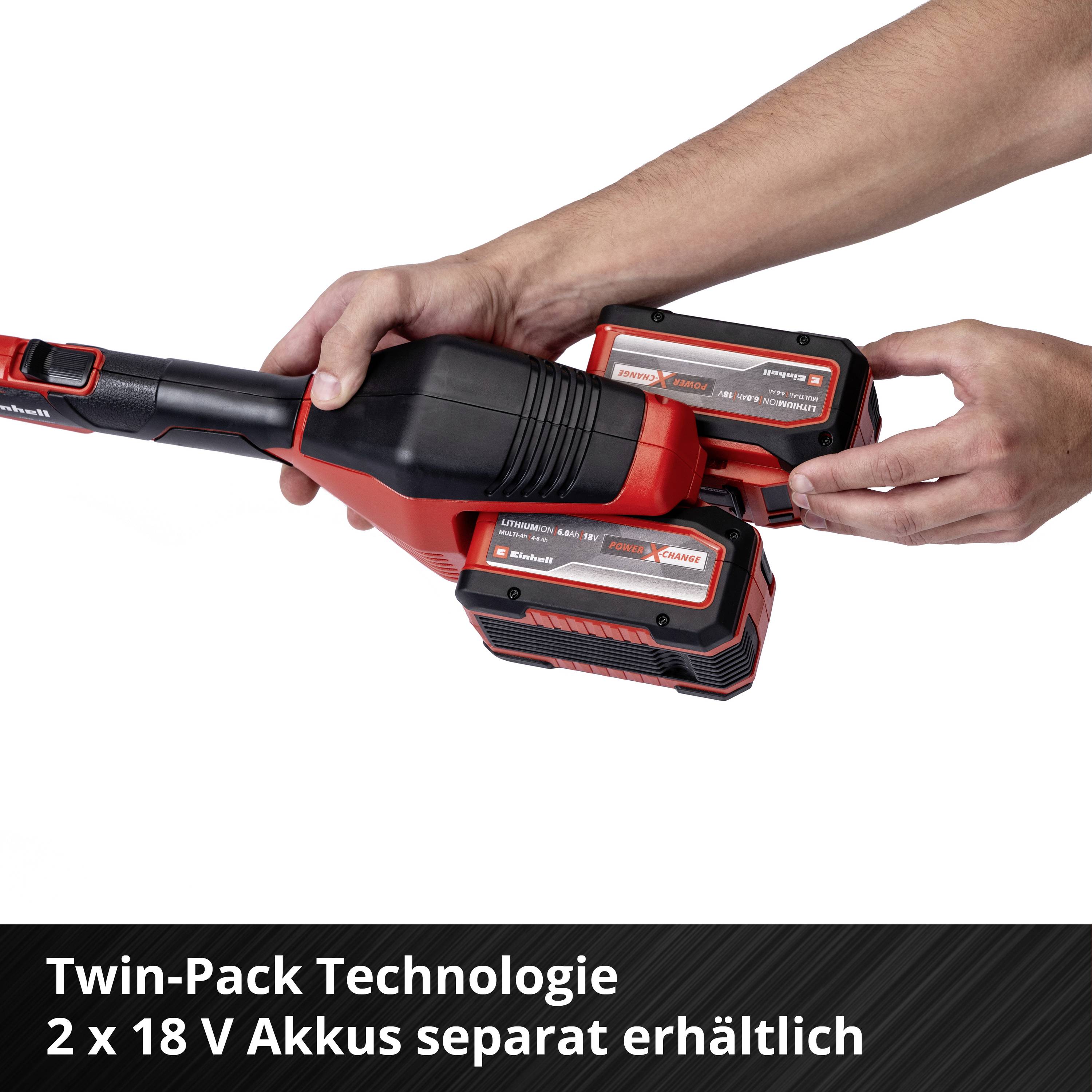 Osoba drží nástroj se dvěma vloženými akumulátory. Text dole: 'Technologie Twin-Pack 2x 18 V akumulátory prodávány samostatně'.