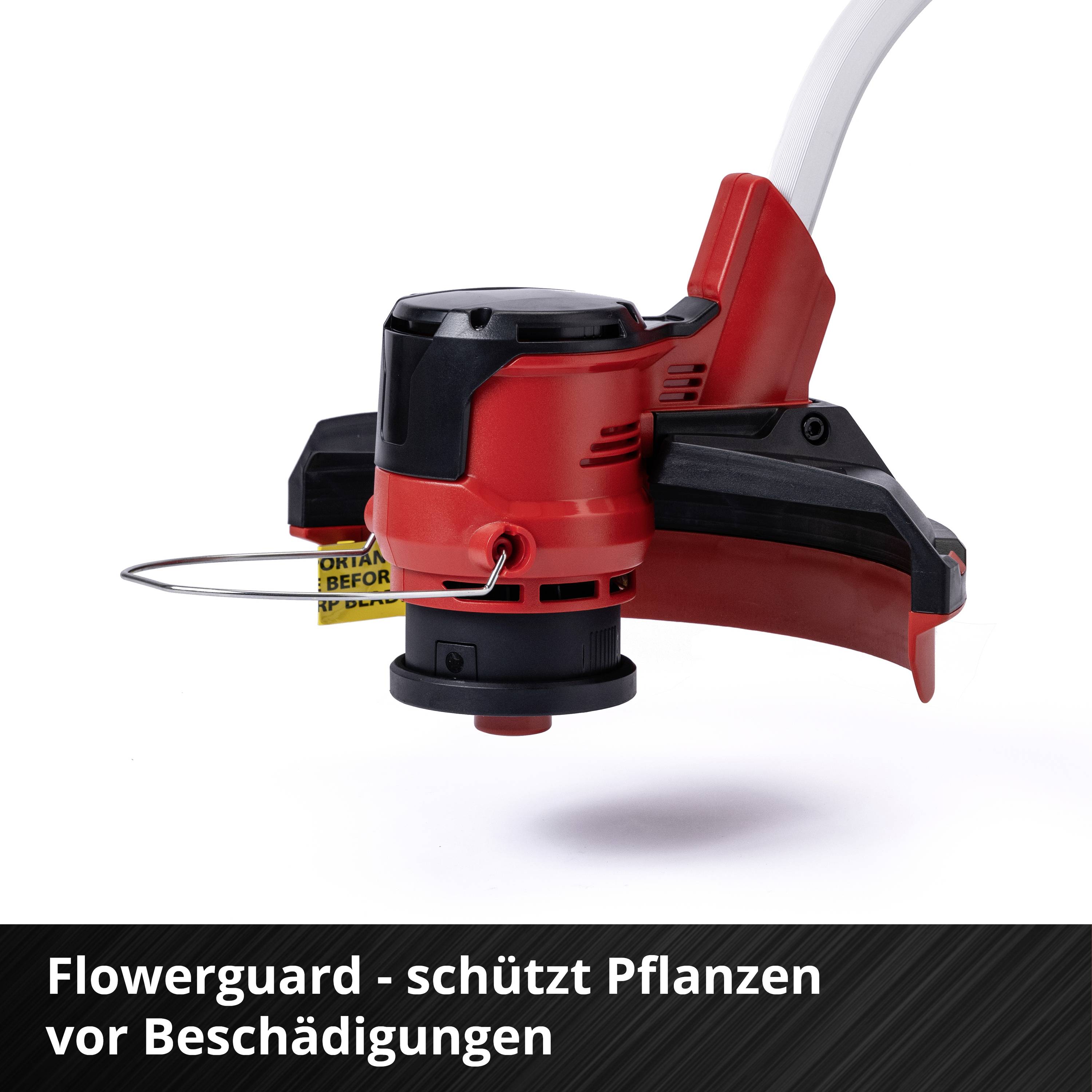 Flowerguard - chrání rostliny před poškozením. Červená sekací hlava s ochranným zařízením a sekacím vlascem.