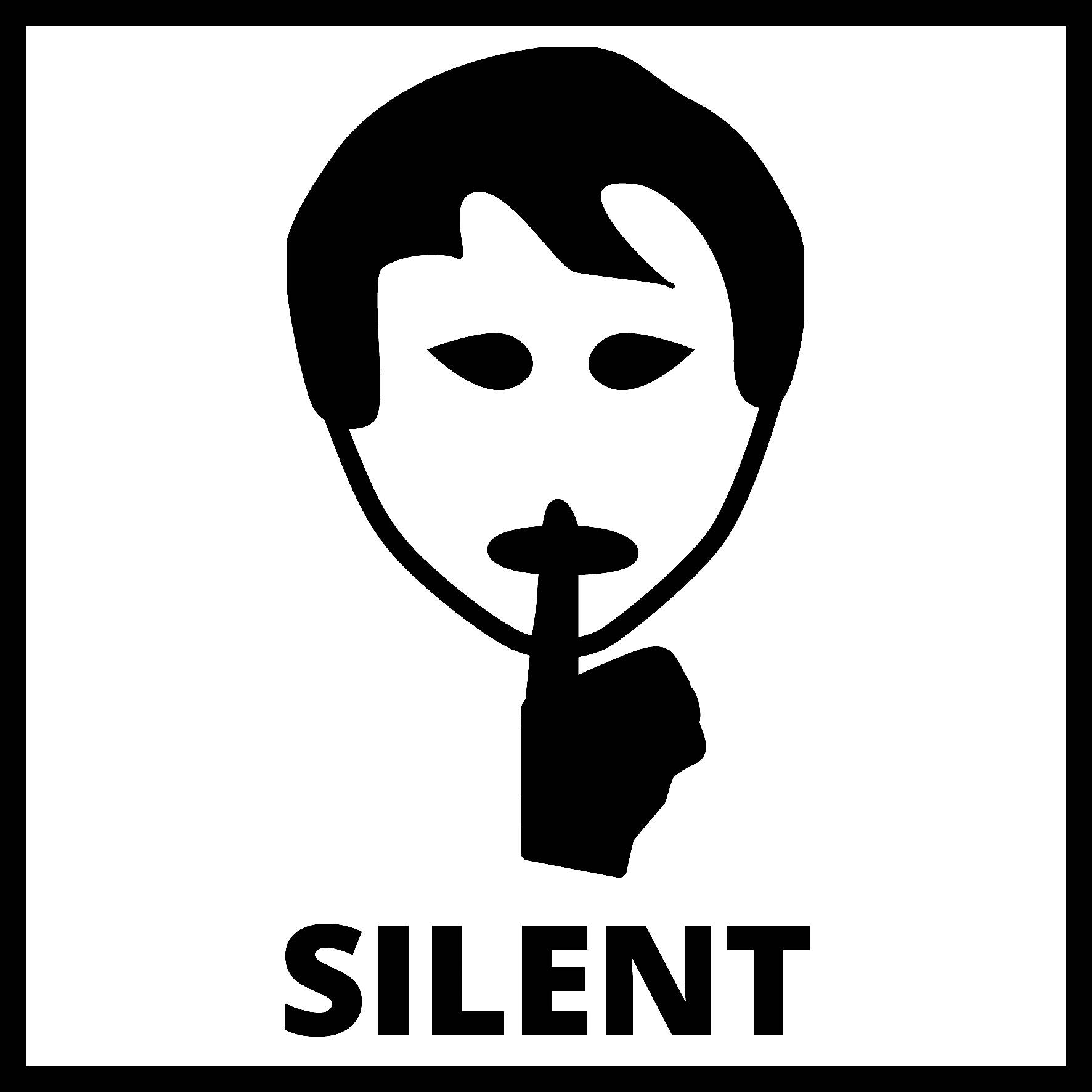 Piktogram zobrazuje obličej s prstem před ústy, který symbolizuje 'Ticho'. Pod ním je napsáno slovo 'SILENT'.