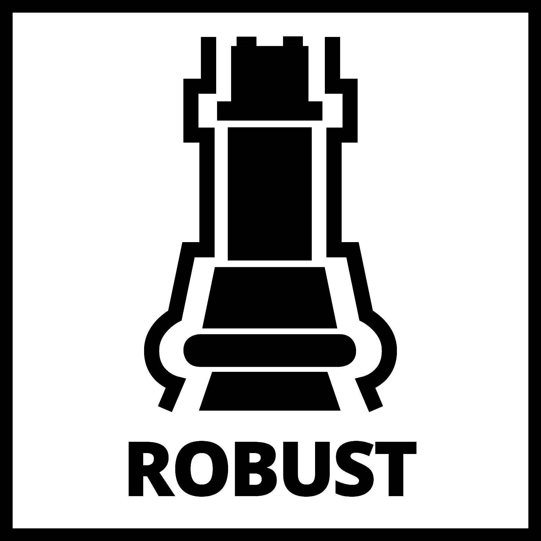 Znak "Robustní" s černým hradem na bílém pozadí, symbolizující sílu a stabilitu.