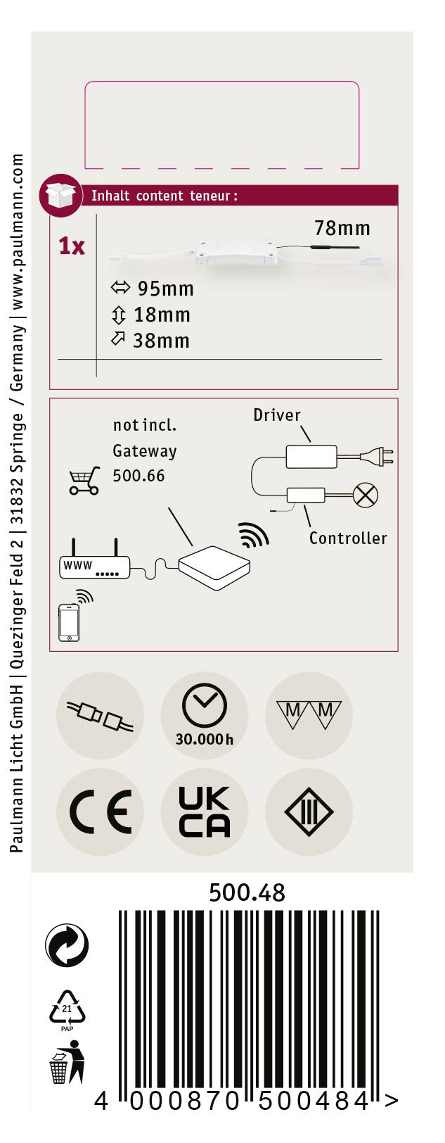Obal produktu 'Paulmann Licht Control Zigbee Stick'. Obsahuje ovladač a řadič. Symboly kompatibility a bezpečnosti dole.