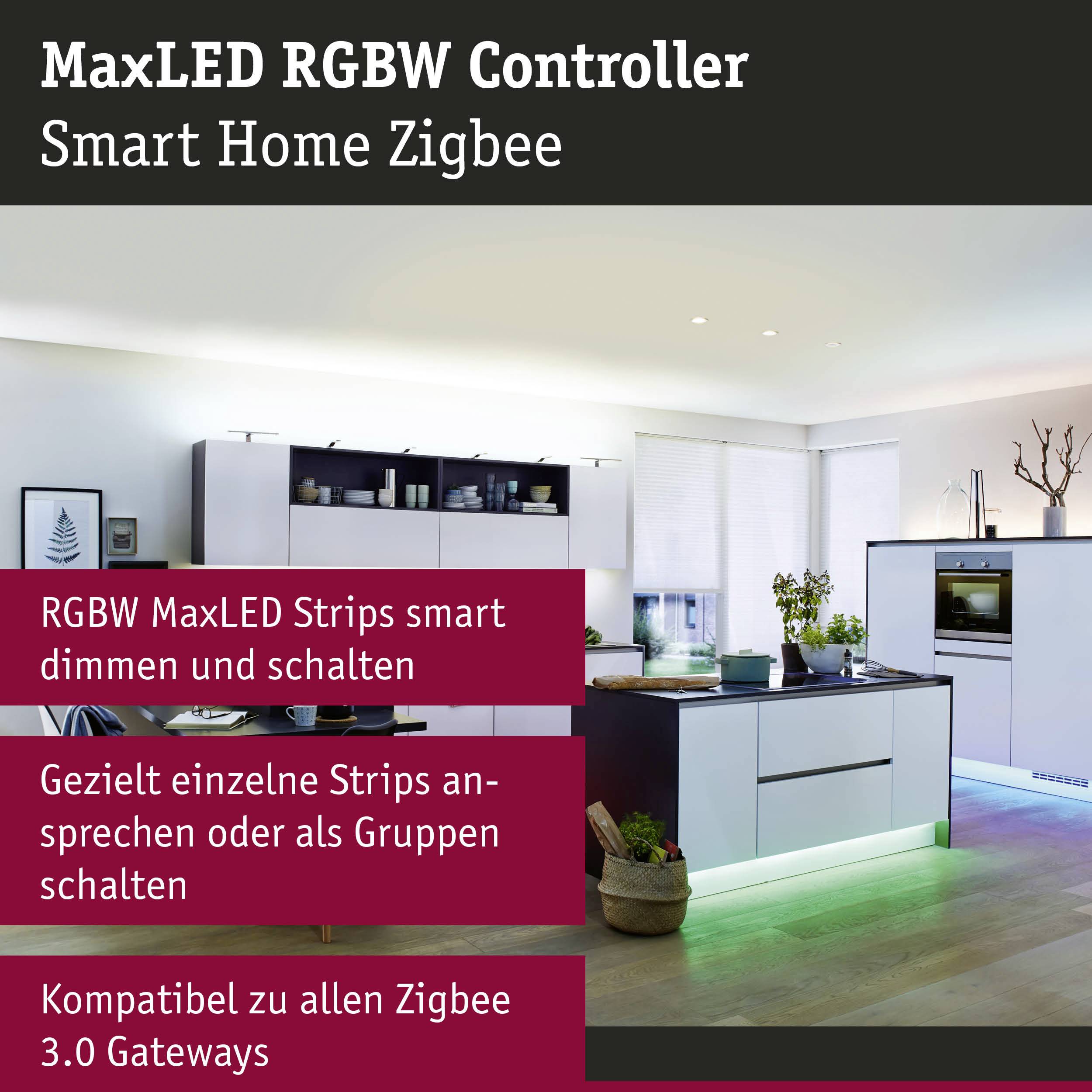 MaxLED RGBW ovladač pro chytrou domácnost Zigbee. Ovládání LED pásků s individuálním stmíváním a přesným nastavením. Dosah 30 m.
