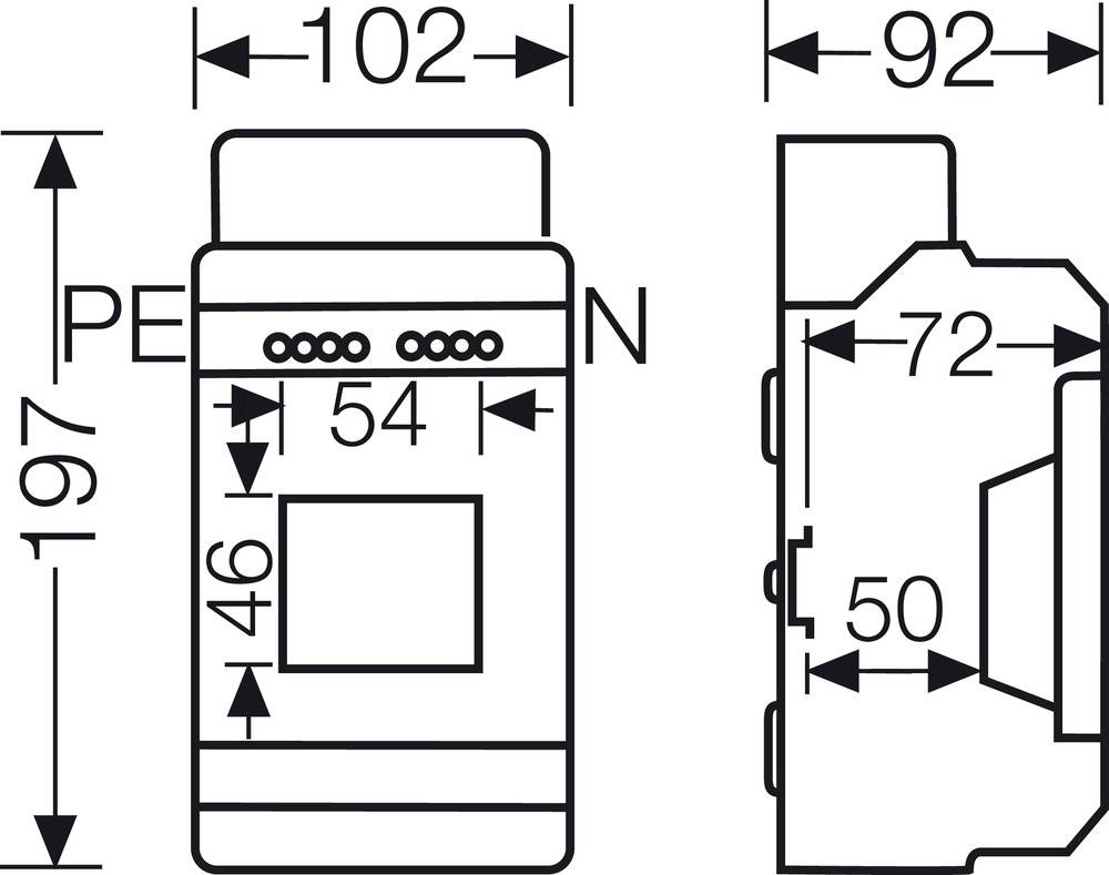Technický výkres zařízení s rozměry: Výška 197 mm, šířka 102 mm, hloubka 92 mm. Detailní rozměry 54 mm, 46 mm, 72 mm a 50 mm.
