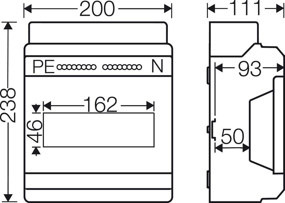 Technický výkres obdélníkového pouzdra s rozměry: šířka 200 mm, výška 238 mm, hloubka 111 mm. Značení: 'PE', 'N', další rozměry 46 mm, 162 mm, 93 mm, 50 mm.